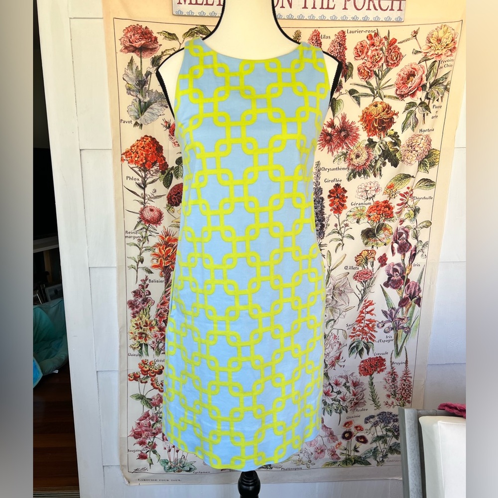 Gretchen Scott size XS 60s baby blue and lime geometric shift dress. Pockets